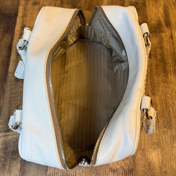 Prada Vitello Daino Handbag Pebbled Leather Braided Handle Zipper Lock Off-White - Picture 11 of 13